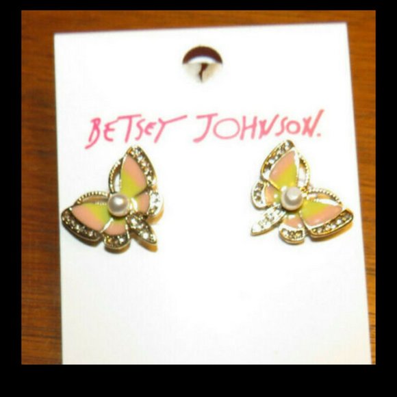 Betsey Johnson Butterfly Faux Pearl And CZ Earrings, NWT - Picture 4 of 9